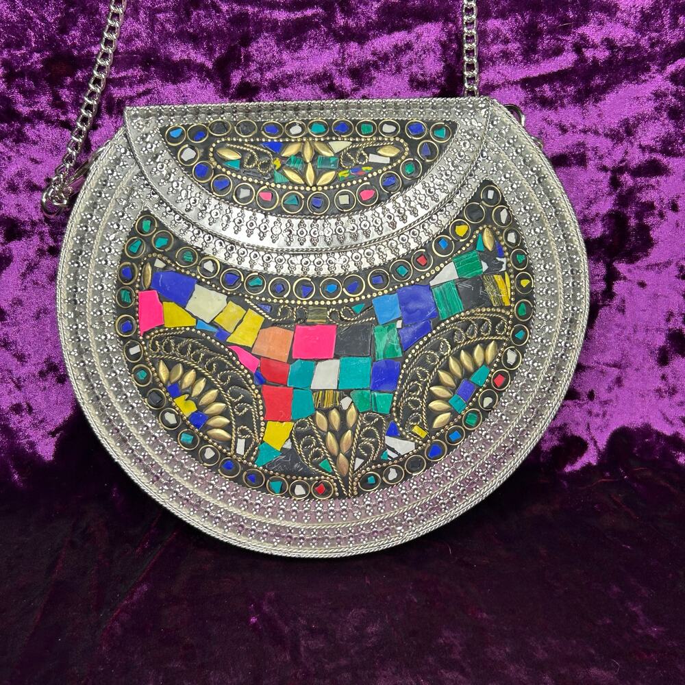 Ramla L'Oriental metal purse-handmade in Morocco silver mosaic crossbody chain